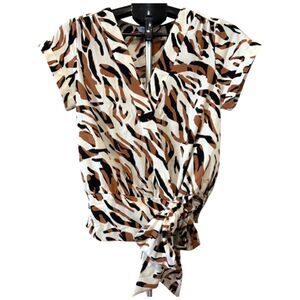Nine West Leopard Faux Wrap Blouse Womens S Tie Side V-Neck Short Sleeve